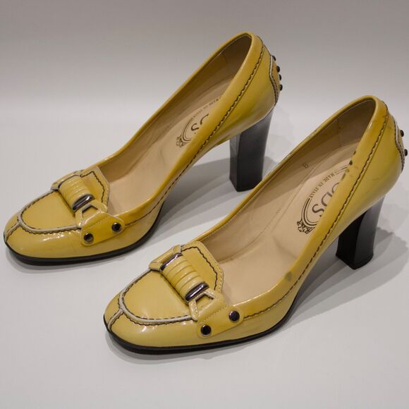 Tod’s Made in Italy Light Yellow Beige Patent Leather Heels Women Size 8 - Picture 4 of 16